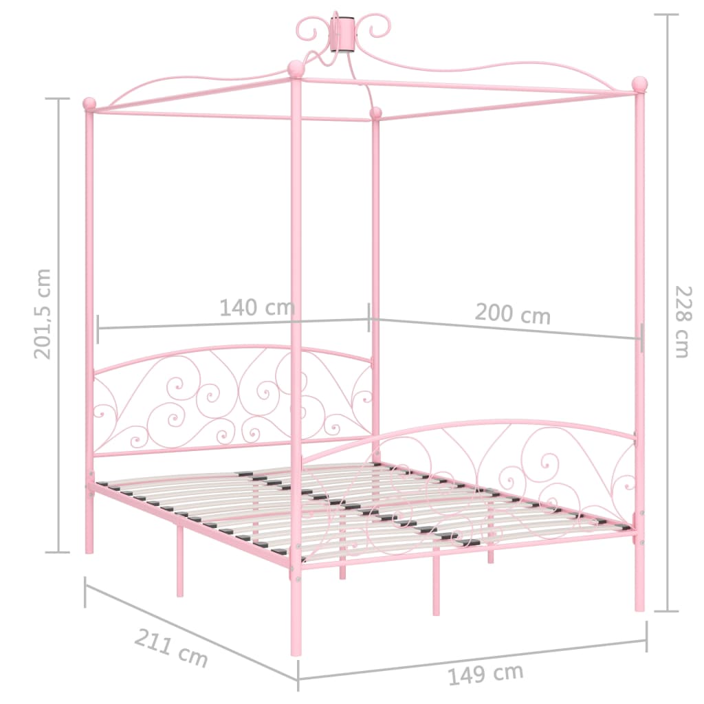 vidaXL Рамка за легло с балдахин, розова, метал, 140x200 см