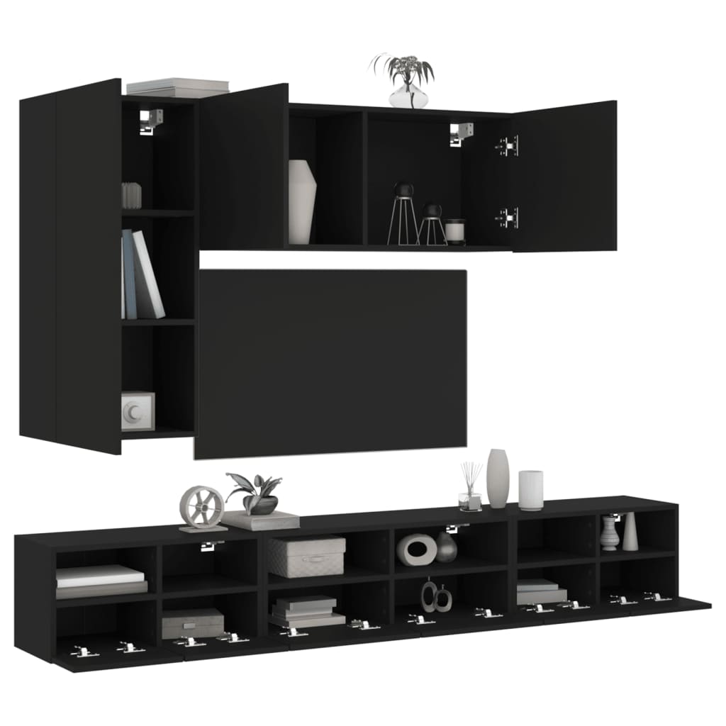 vidaXL ТВ стенни шкафове, 5 части, черни, инженерно дърво