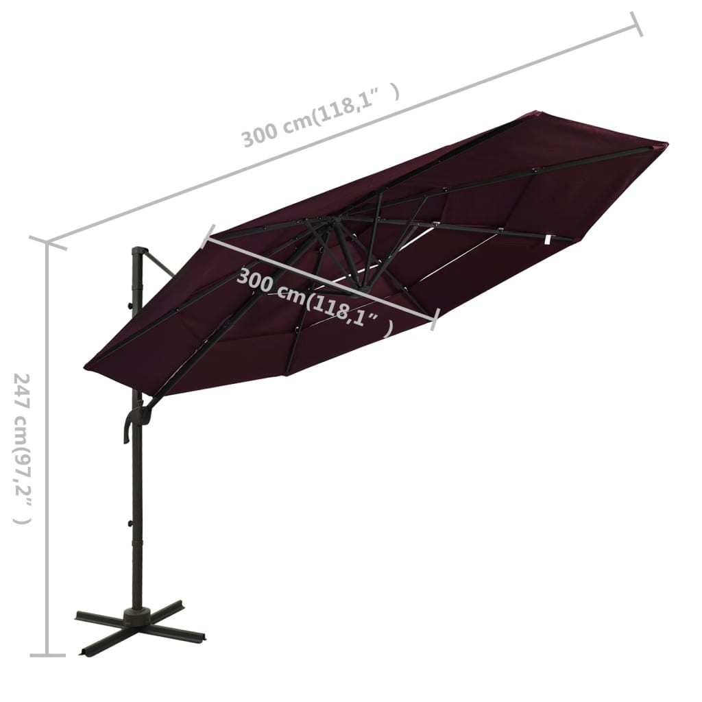 vidaXL Градински чадър на 4 нива с алуминиев прът, бордо червен, 3x3 м