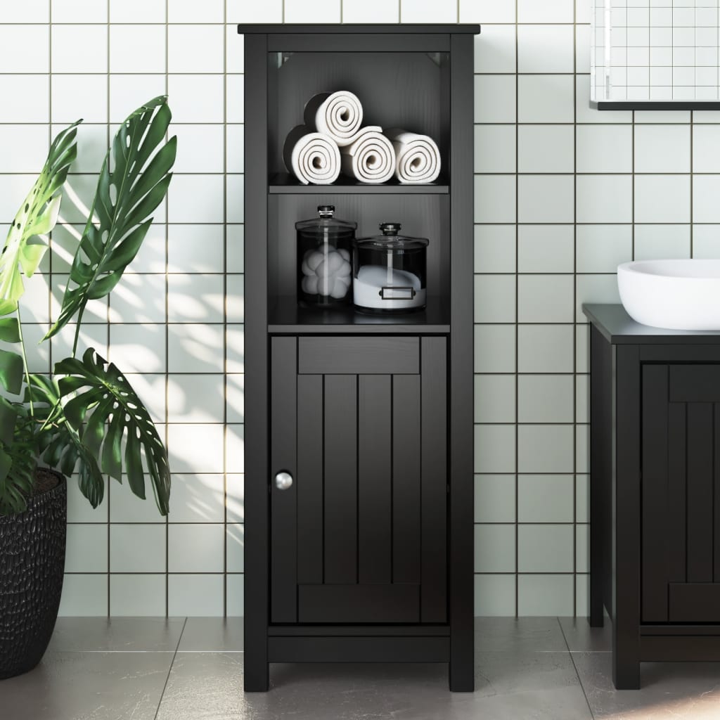 vidaXL Шкаф за баня "BERG", черен, 40x34x110 см, бор масив