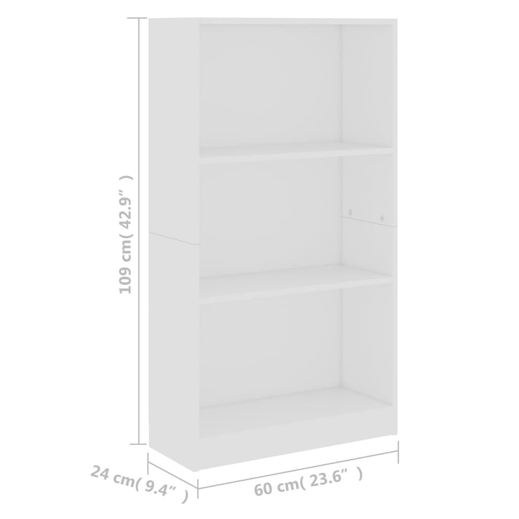 vidaXL 3-етажна библиотека, бяла, 60x24x109 см, инженерно дърво