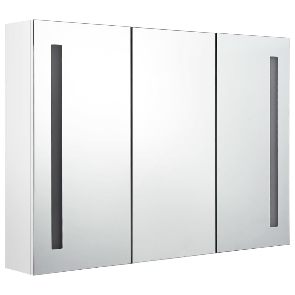 vidaXL LED шкаф с огледало за баня, 89x14x62 см, блестящо бял