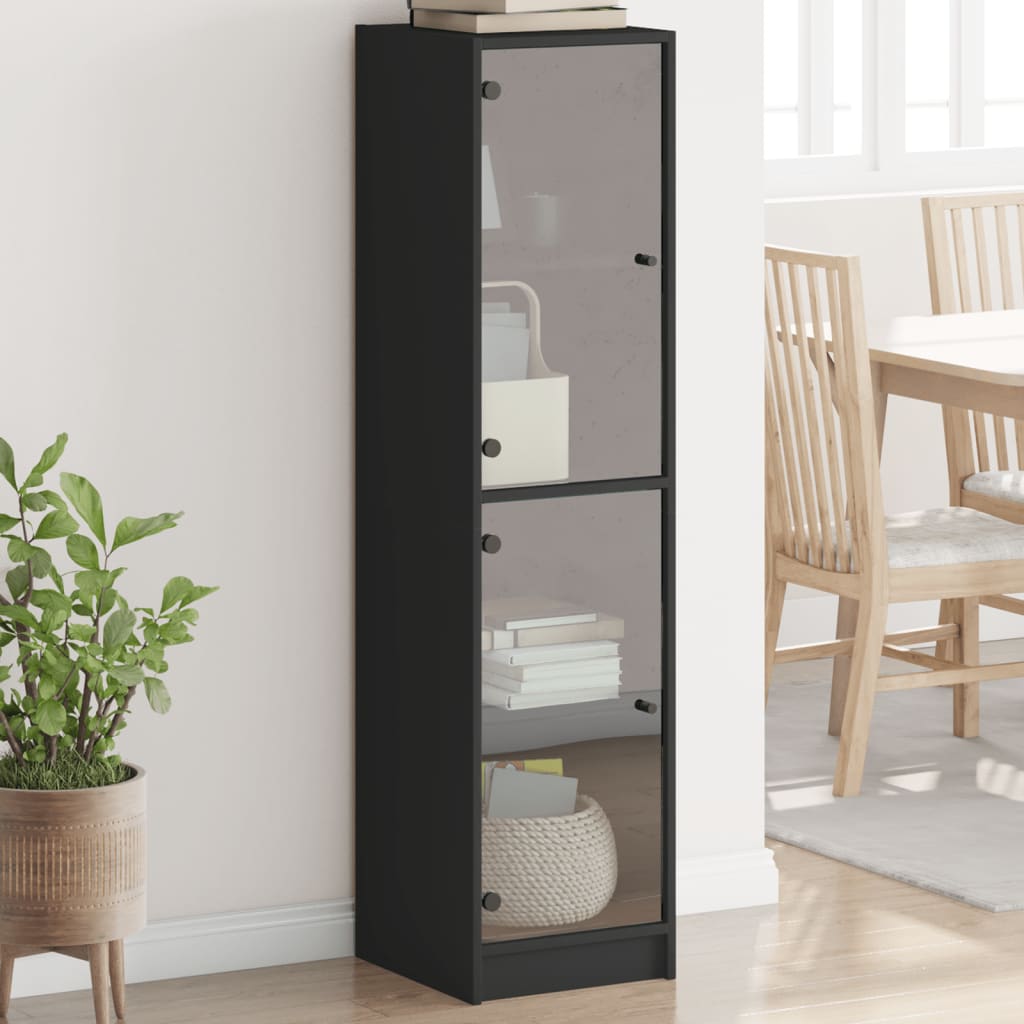 vidaXL Висок шкаф със стъклени врати, черен, 35x37x142 см