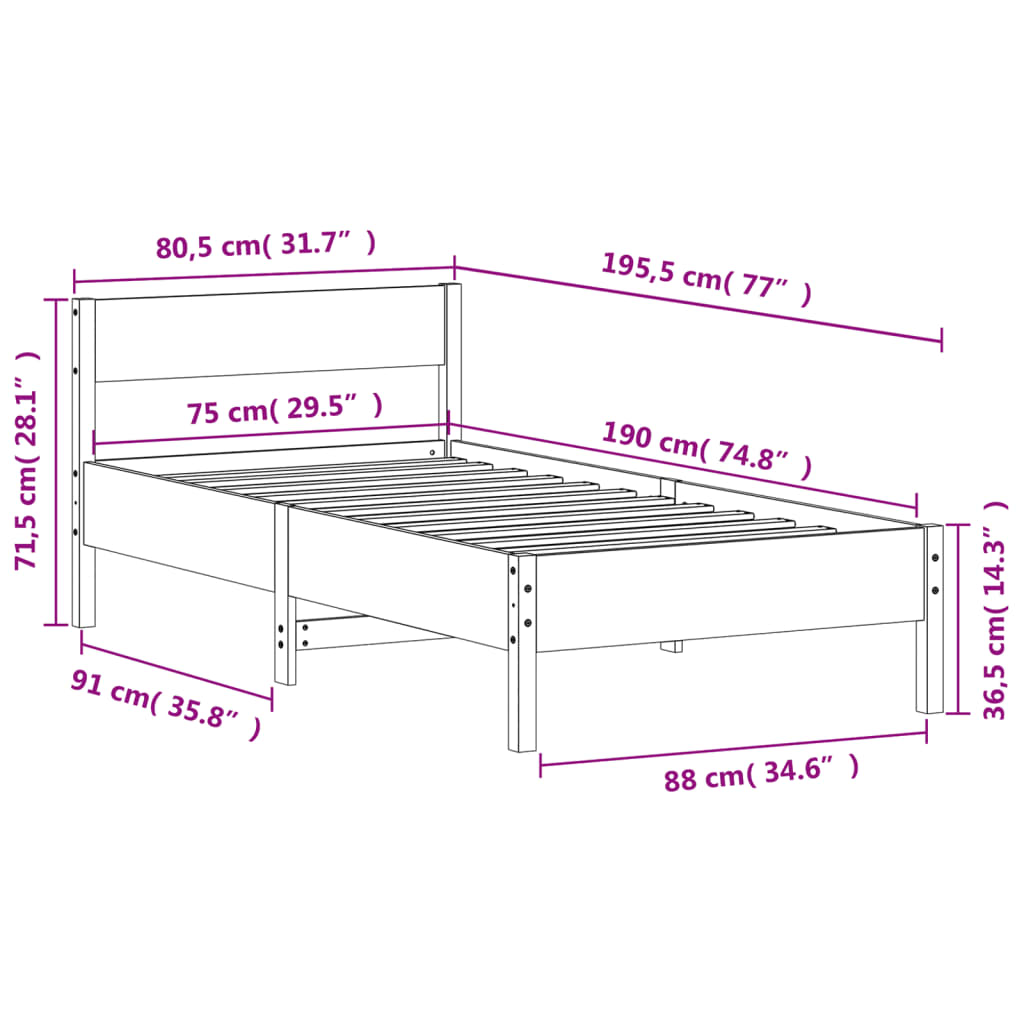 vidaXL Рамка за легло с табла, восъчнокафяв, 75x190 см, бор масив