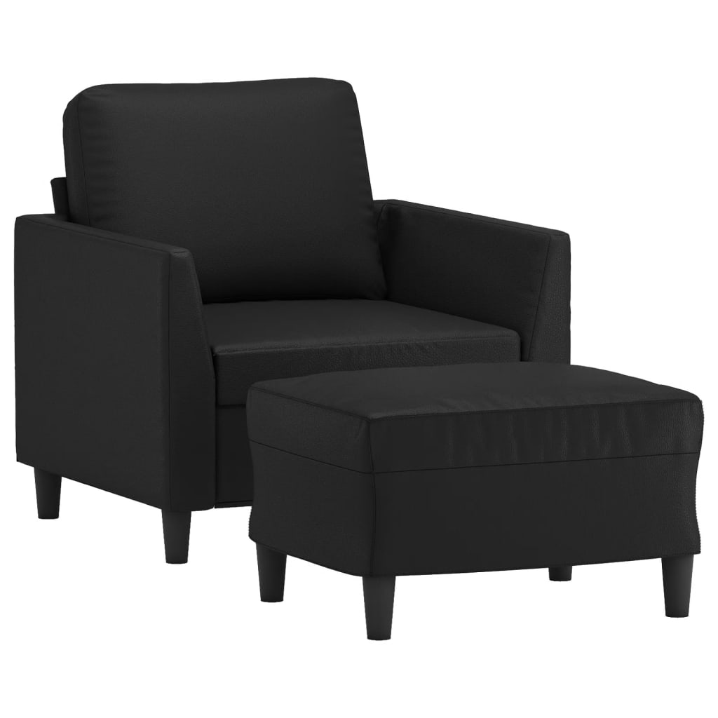 vidaXL Кресло с табуретка, черно, 60 см, изкуствена кожа
