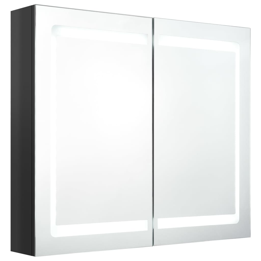vidaXL LED шкаф с огледало за баня, сияйно черно, 80x12x68 см
