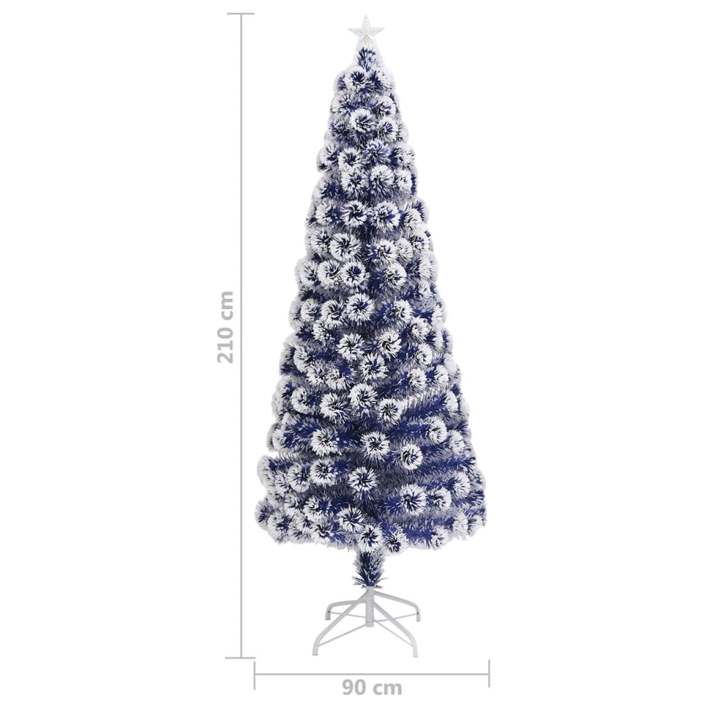 vidaXL Изкуствена осветена коледна елха бял и син 210 см фибро влакна