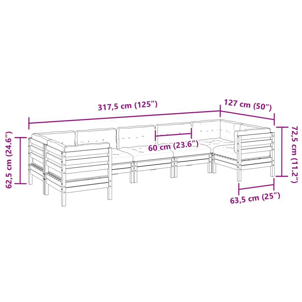 vidaXL Градински диван от 7 части с възглавници, импрегниран бор