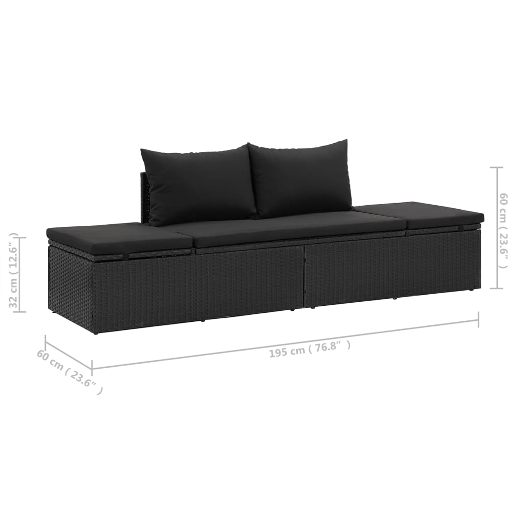 vidaXL Градинско легло с възглавници, полиратан, черно