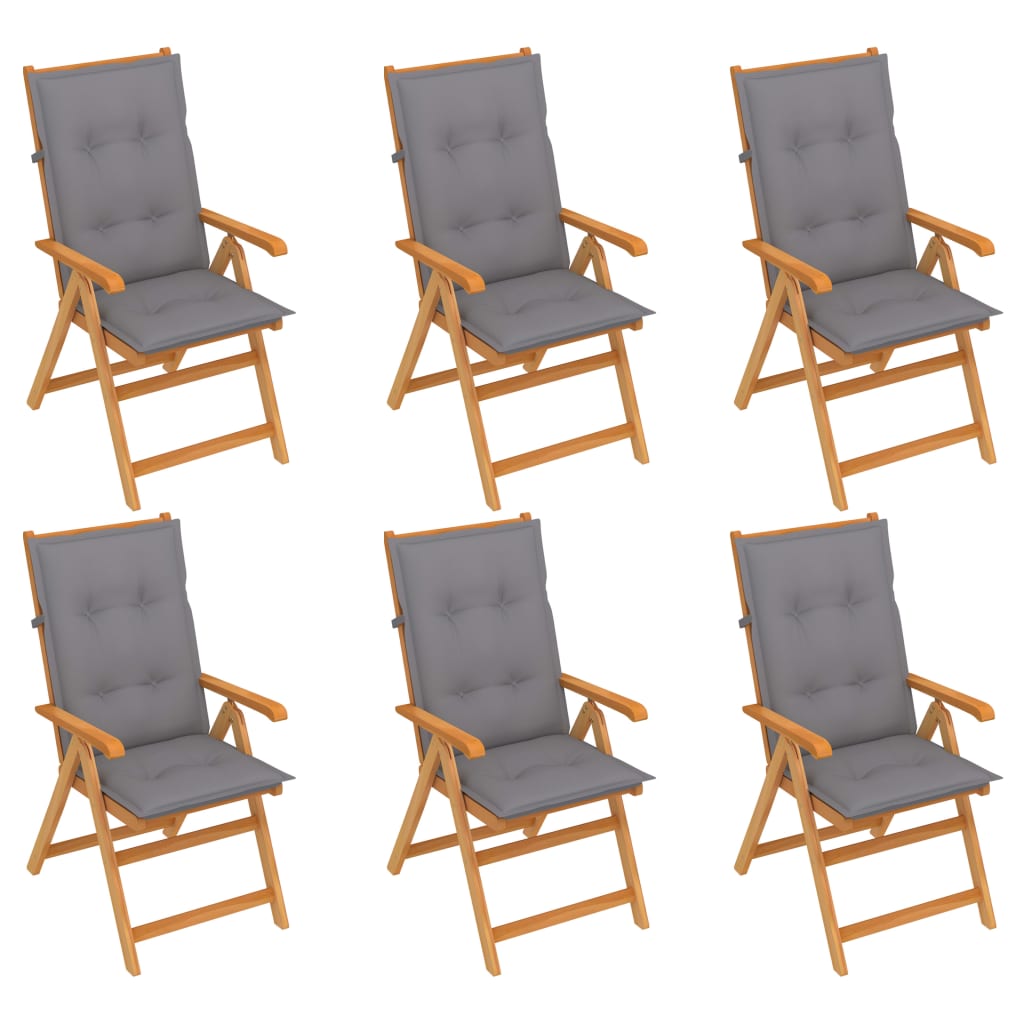 vidaXL Градински столове 6 бр със сиви възглавници тиково дърво масив