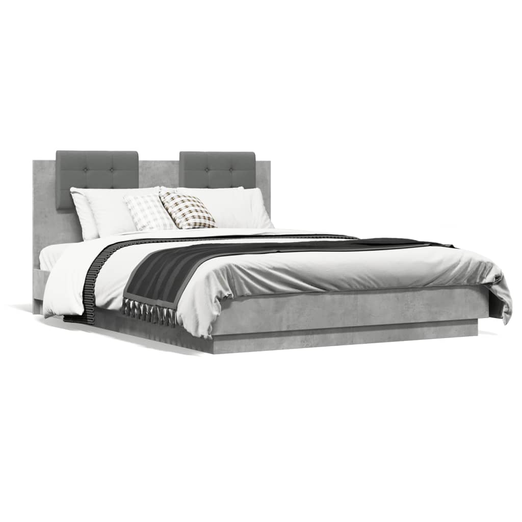 vidaXL Рамка за легло с табла и LED осветление бетонно сив 140x190 см