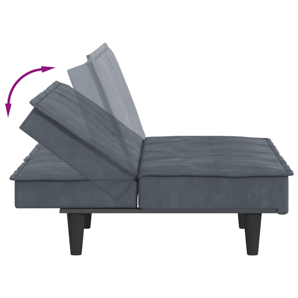 vidaXL Разтегателен диван с поставки за чаши, тъмносив, кадифе