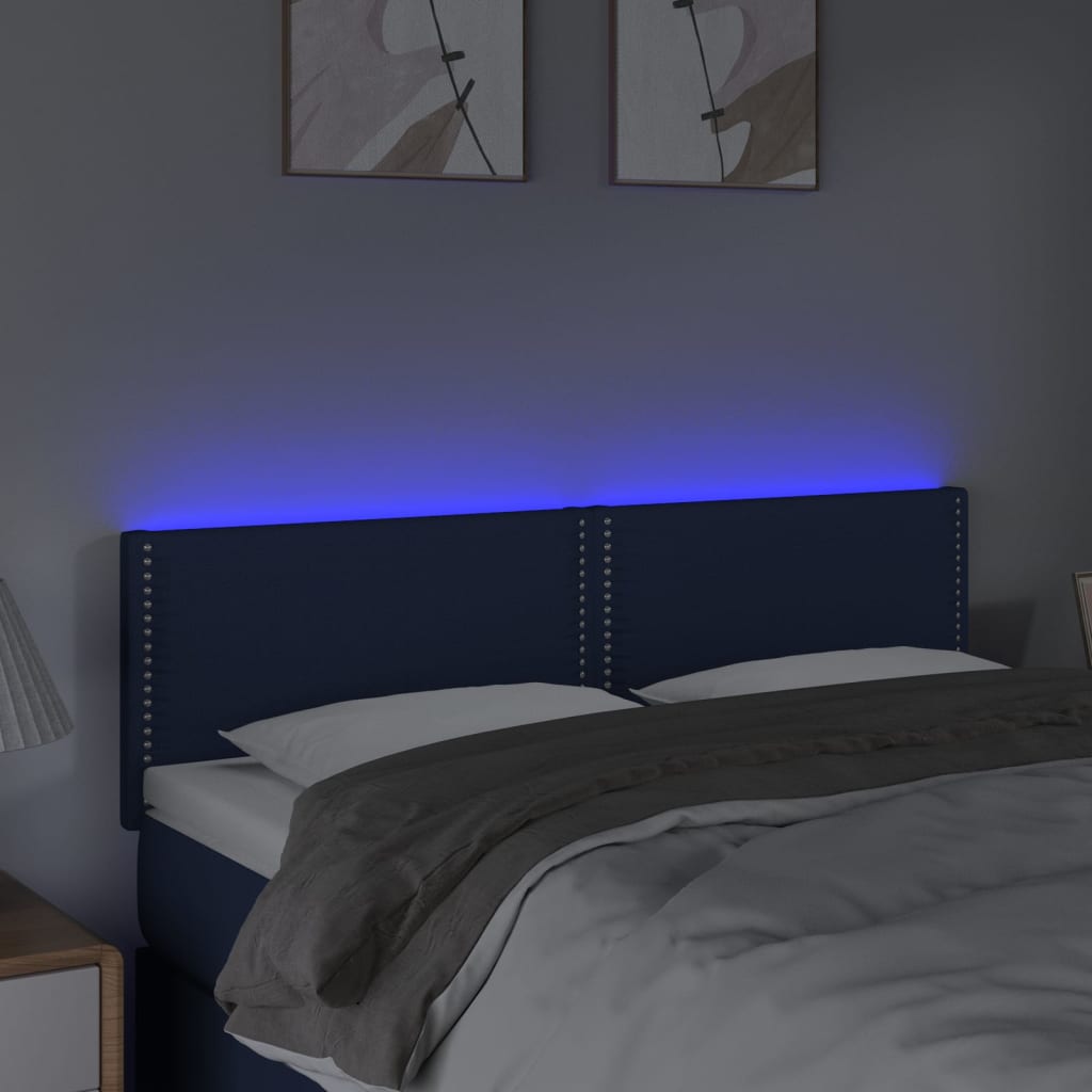 vidaXL LED горна табла за легло, синя, 144x5x78/88 см, плат