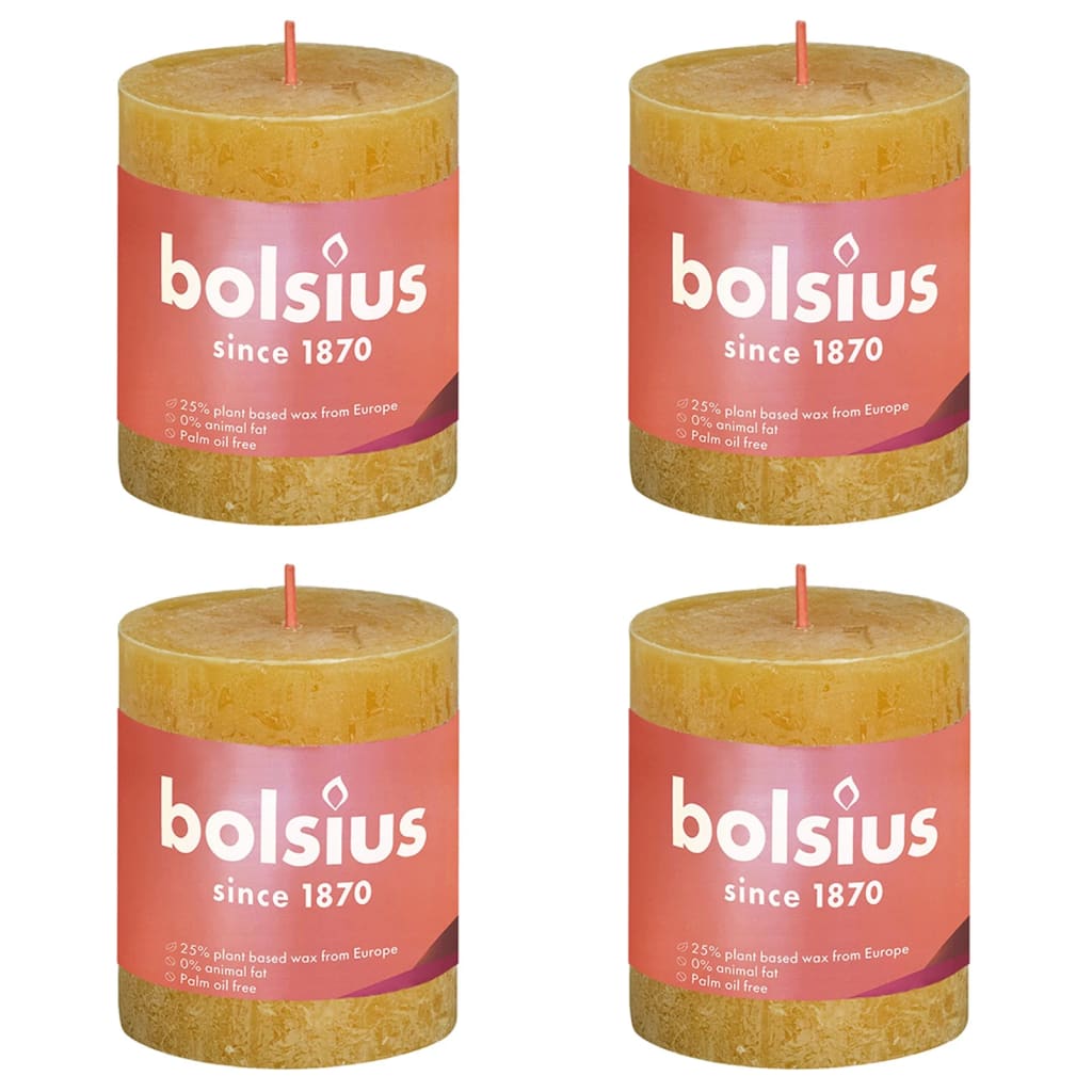 Bolsius Рустик колонни свещи Shine, 4 бр, 80x68 мм, жълта пчелна пита