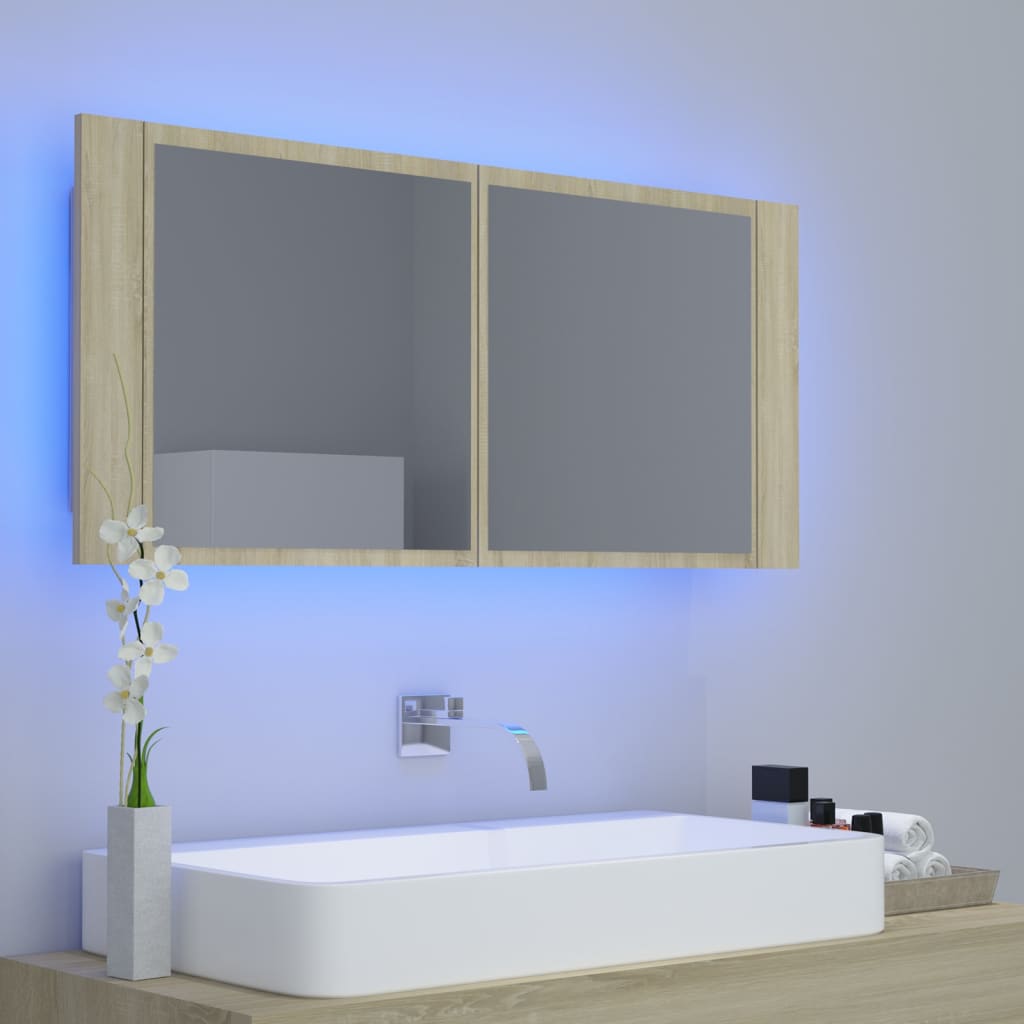 vidaXL Шкаф с LED огледало за баня, дъб сонома, 100x12x45 см, акрил