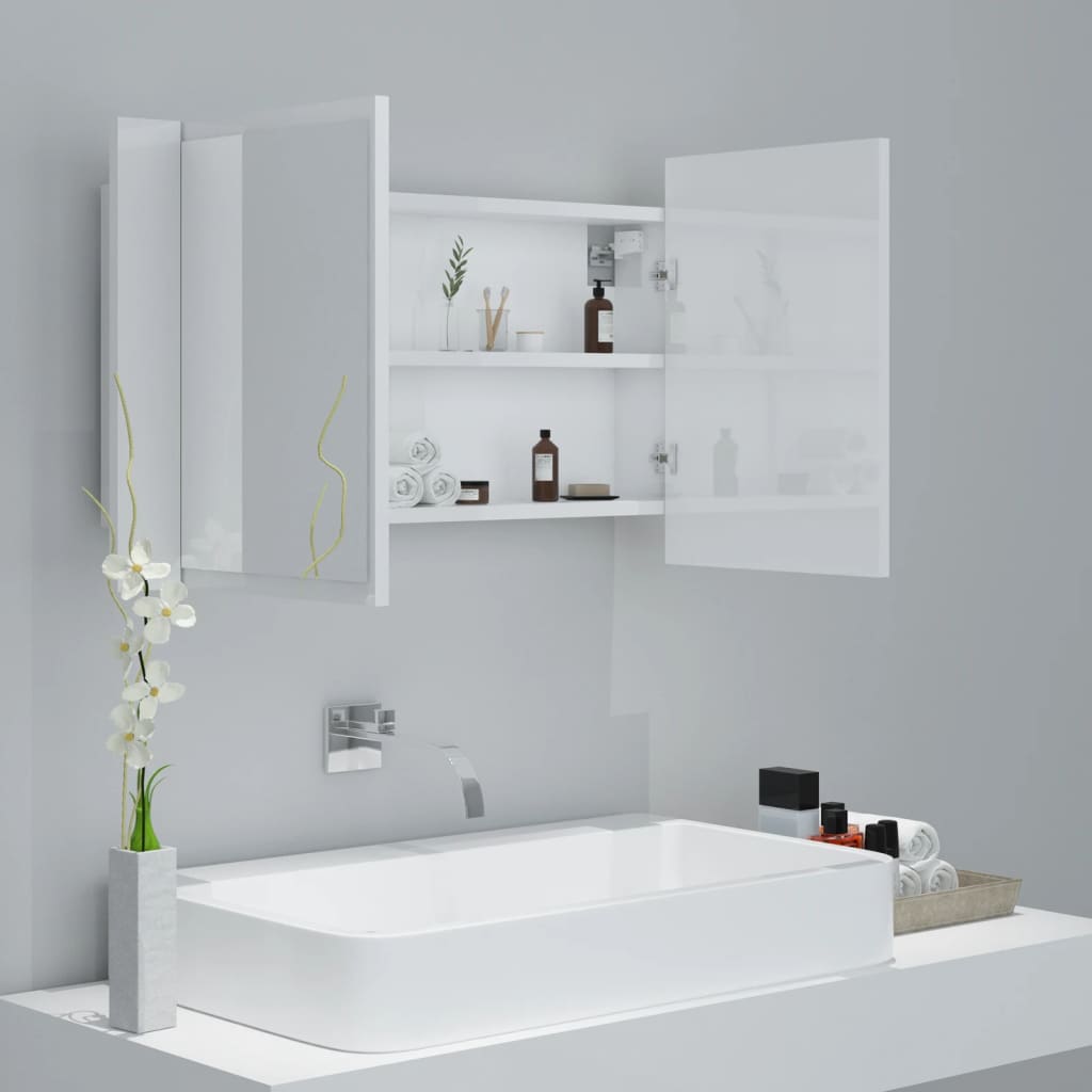 vidaXL Шкаф с LED огледало за баня, бял гланц, 80x12x45 см, акрил