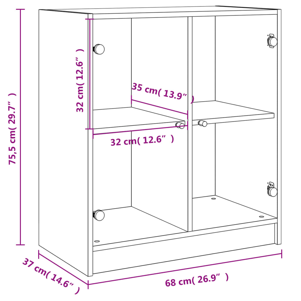 vidaXL Страничен шкаф със стъклени врати, черна, 68x37x75,5 cm