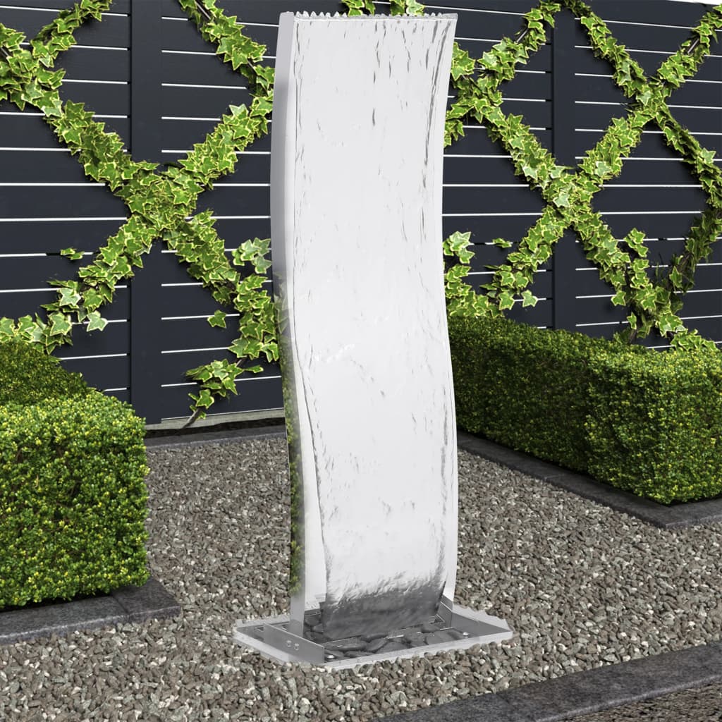 vidaXL Градински фонтан с помпа, неръждаема стомана, 130 см, извит