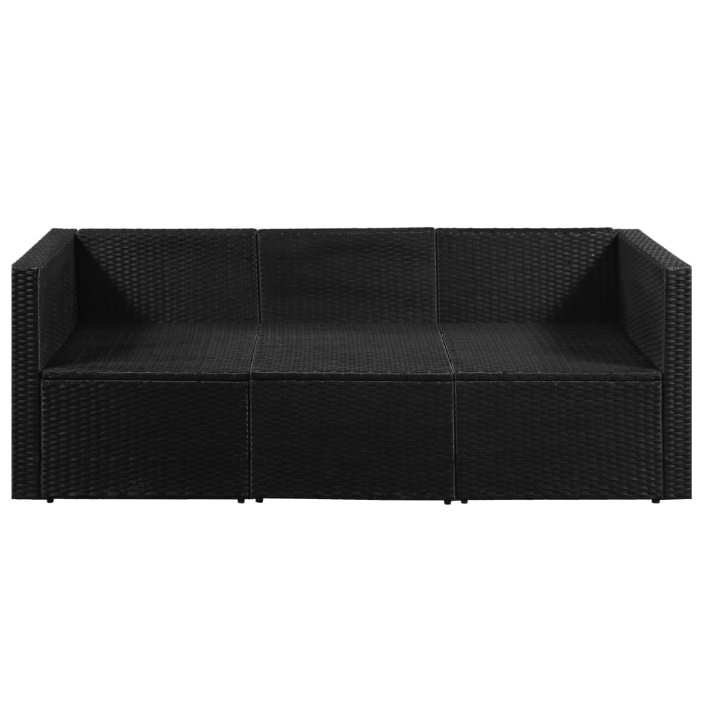 vidaXL 3-местен градински диван, черен, полиратан, с бели възглавници