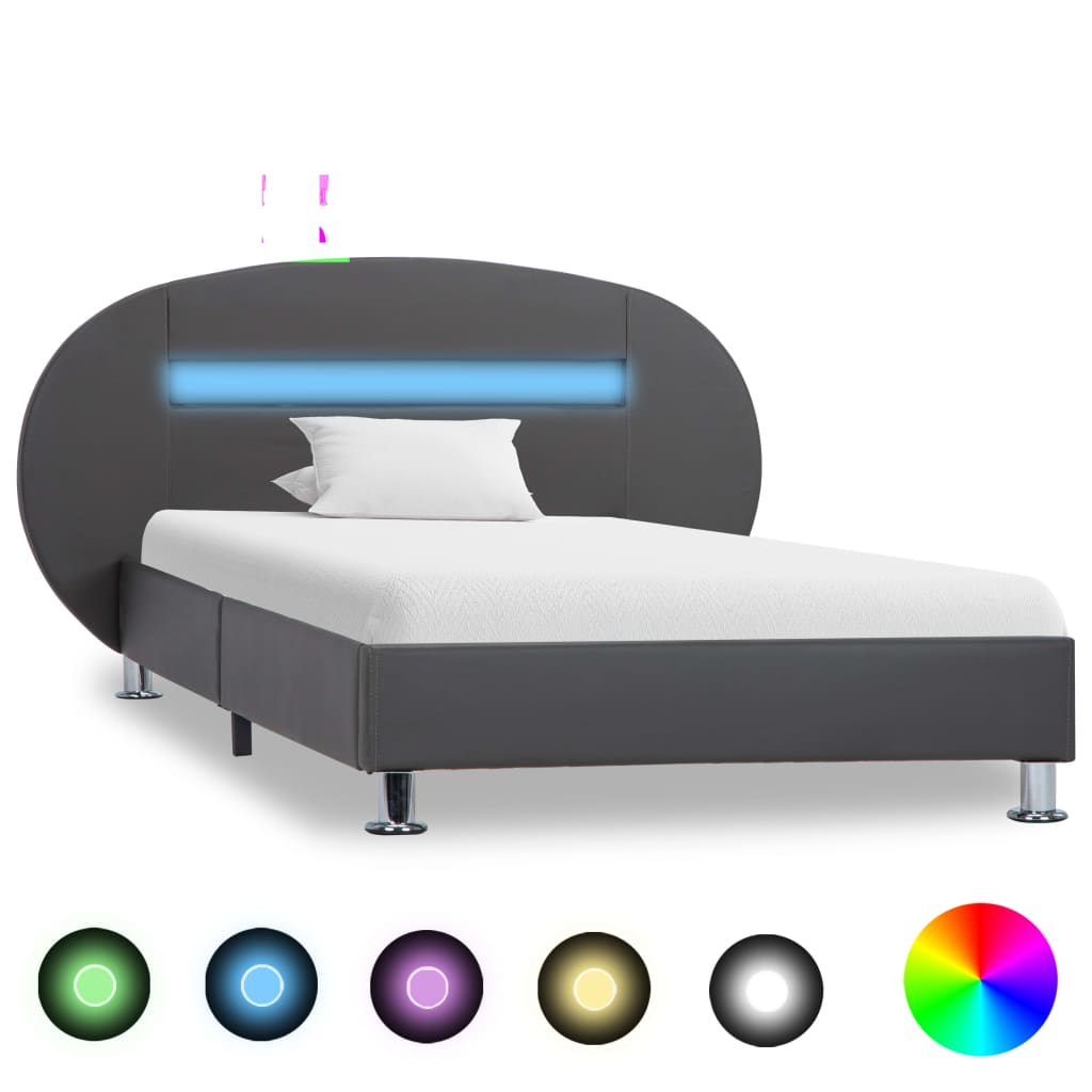 vidaXL Рамка за легло с LED, сива, изкуствена кожа, 90x200 cм