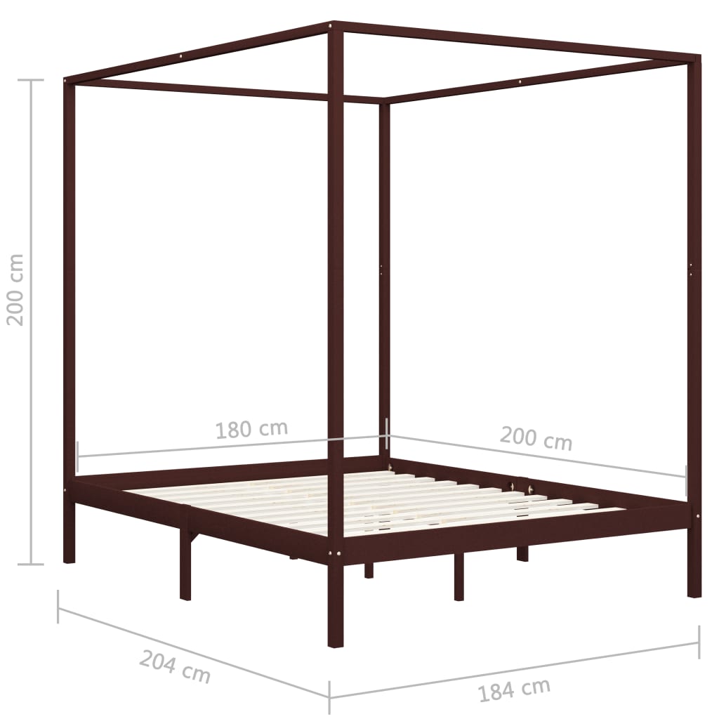 vidaXL Рамка за легло с балдахин, тъмнокафява, бор масив, 180x200 см