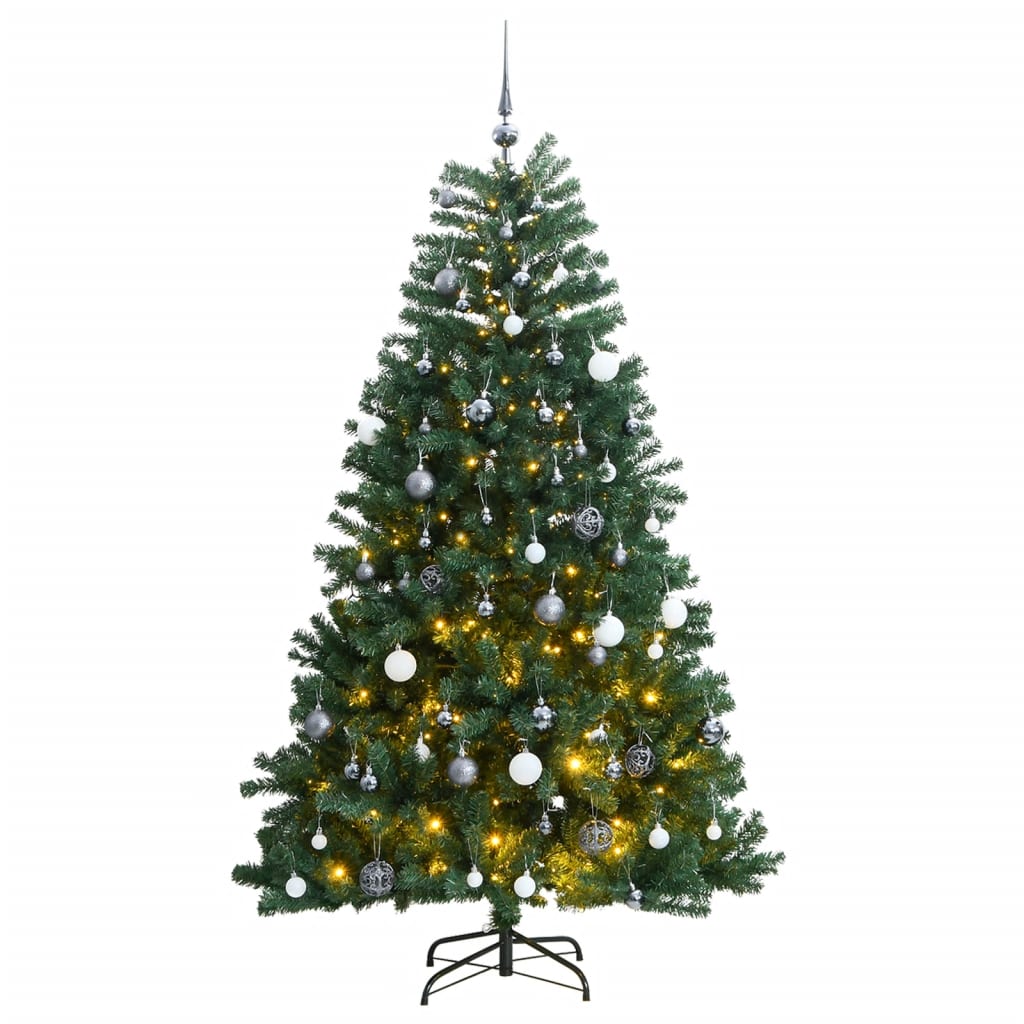 vidaXL Изкуствена коледна елха с шарнири, 150 LED и топки, 150 см