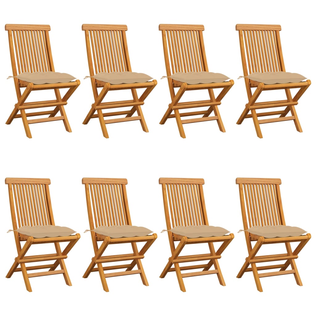 vidaXL Градински столове с бежови възглавници 8 бр тиково дърво масив