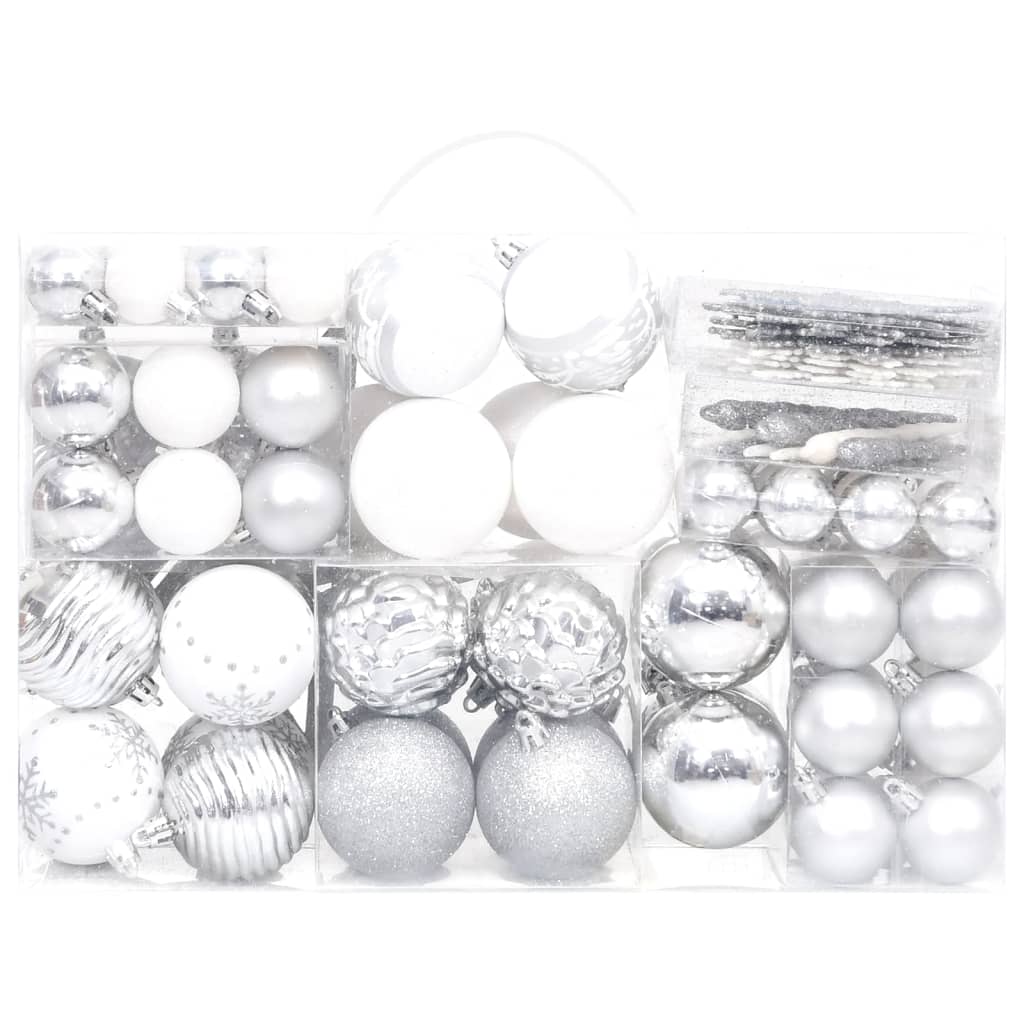 vidaXL Комплект коледни топки от 108 части, сребристо и бяло