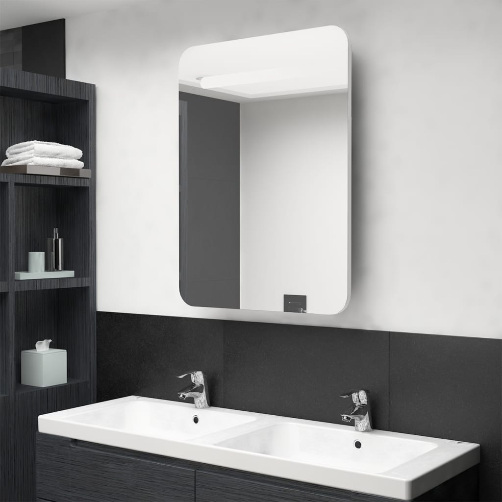vidaXL LED шкаф с огледало за баня, сияйно бяло, 60x11x80 см