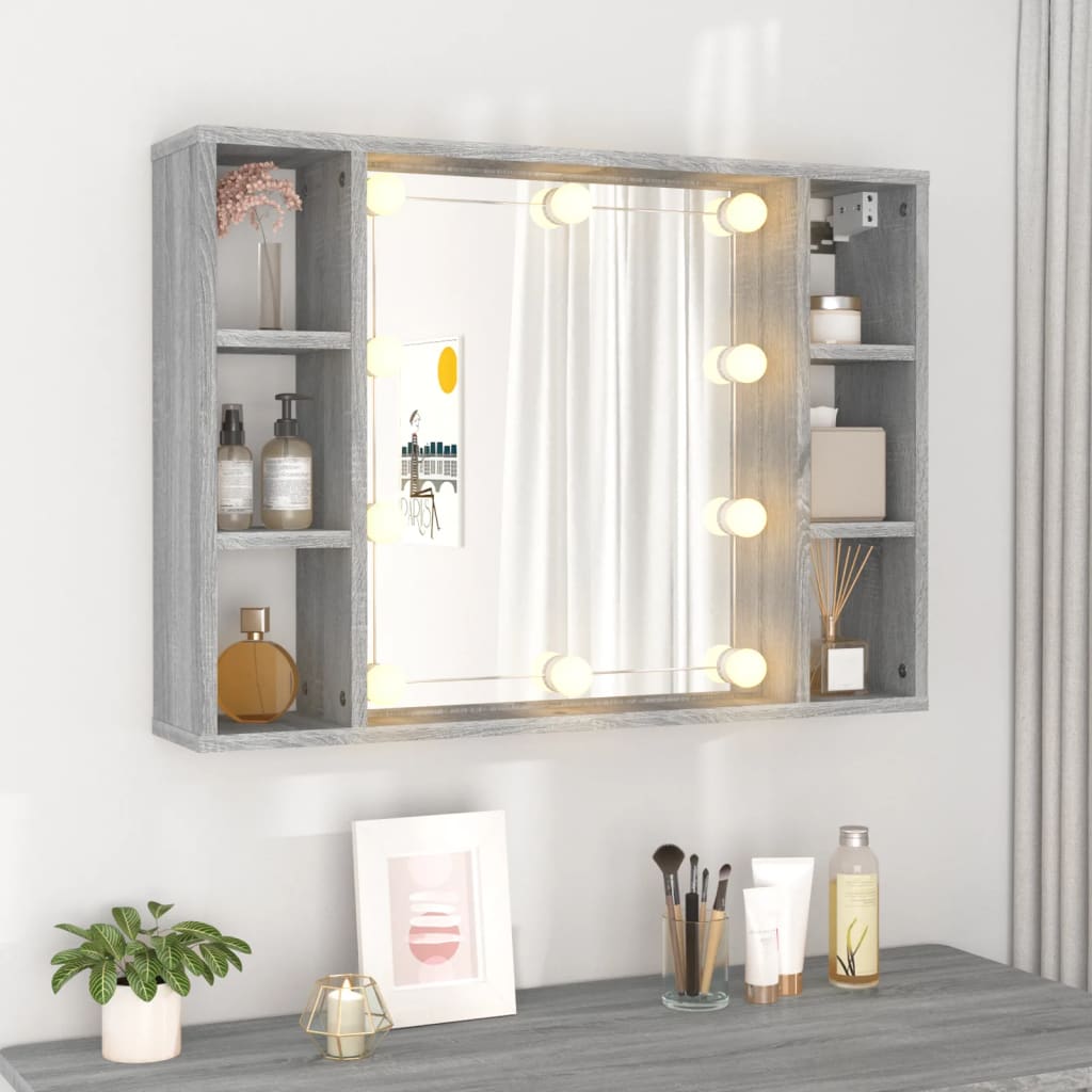 vidaXL Огледален шкаф с LED,Сив сонома, 76x15x55 см