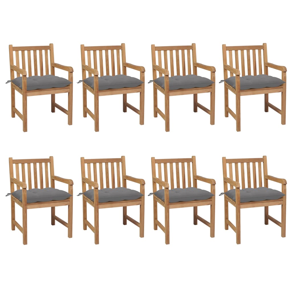 vidaXL Градинки столове, 8 бр, сиви възглавници, тиково дърво масив