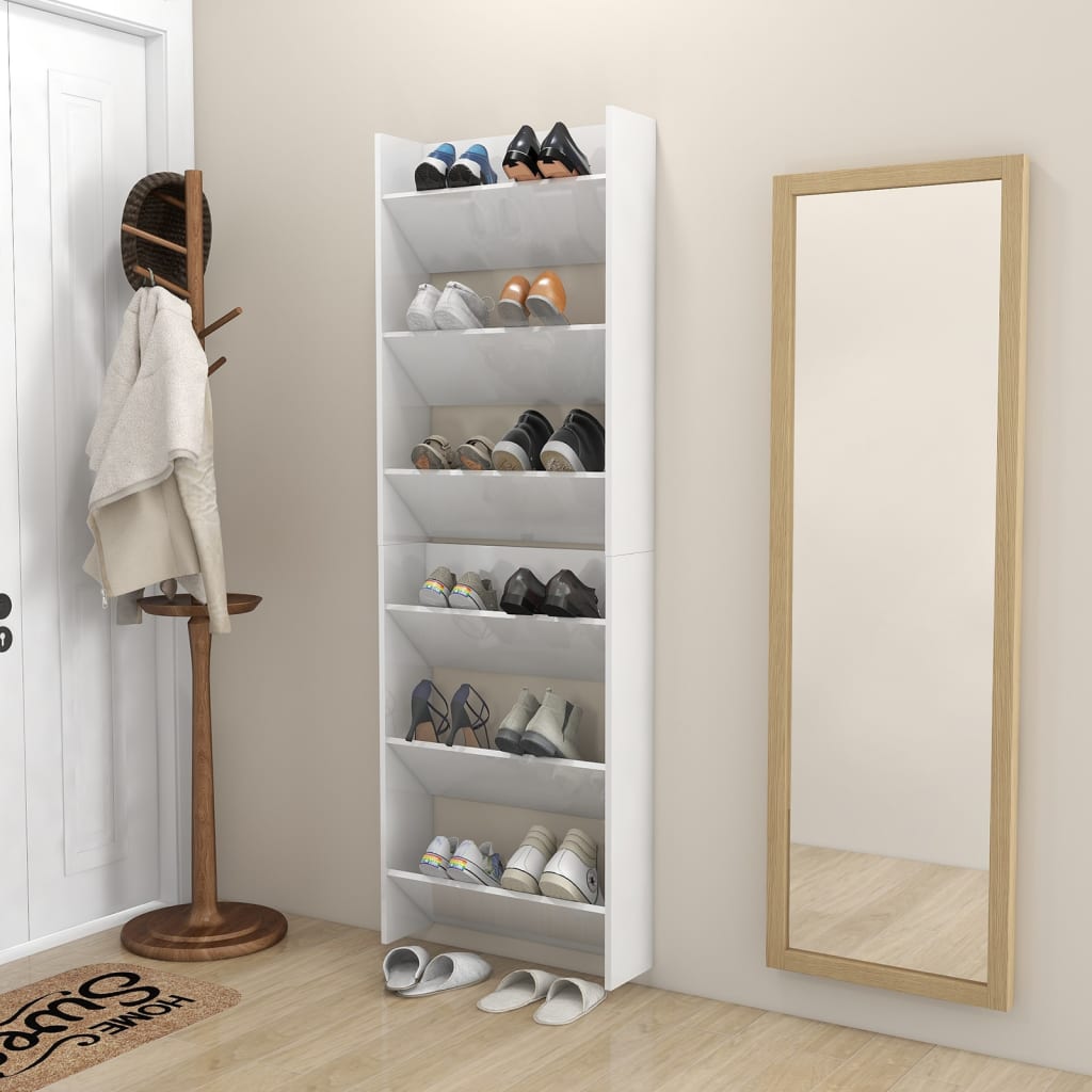 vidaXL Стенни шкафове за обувки, 2 бр, бял гланц, 60x18x90 см, ПДЧ