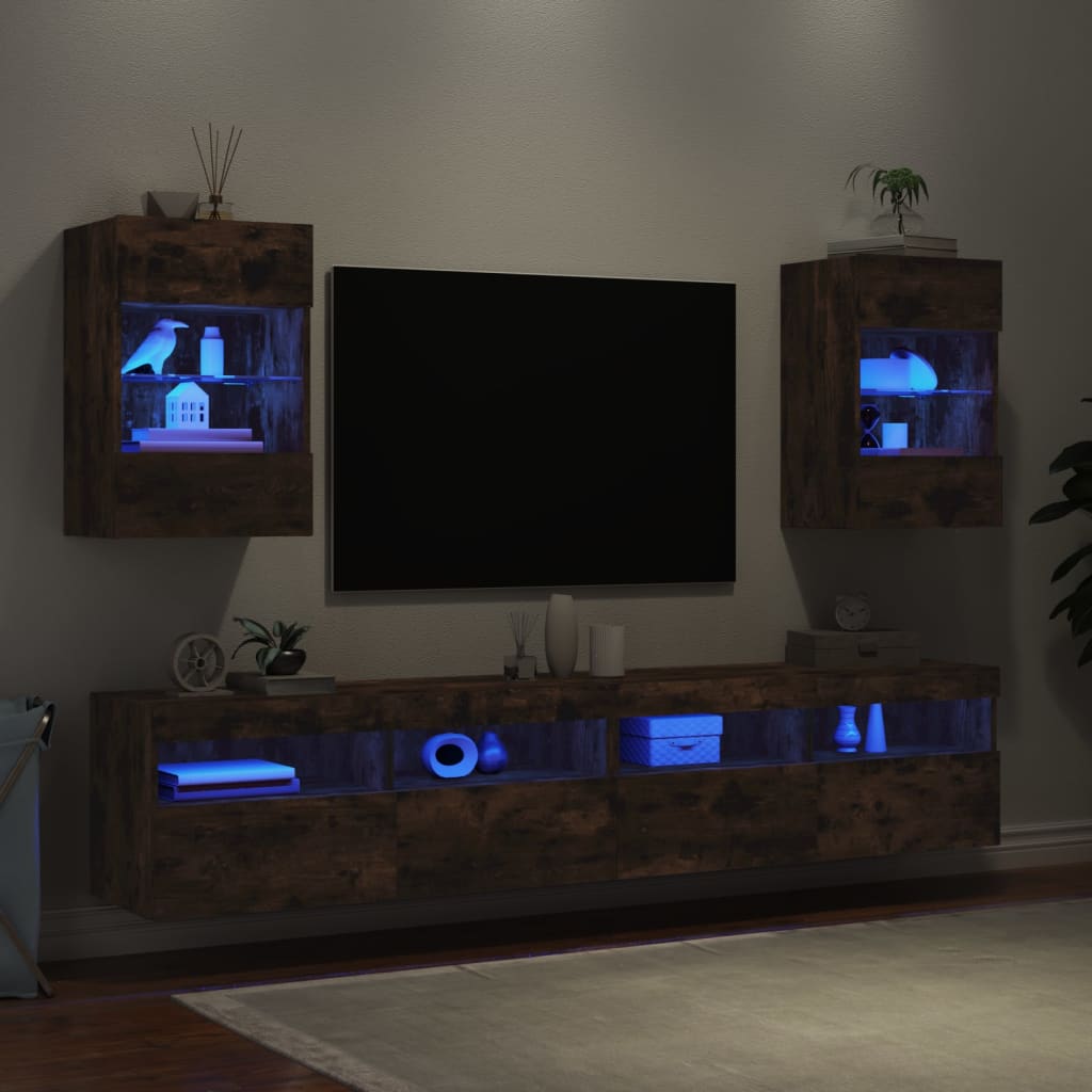 vidaXL Стенни ТВ шкафове с LED лампи, 2 бр, опушен дъб, 40x30x60,5 см