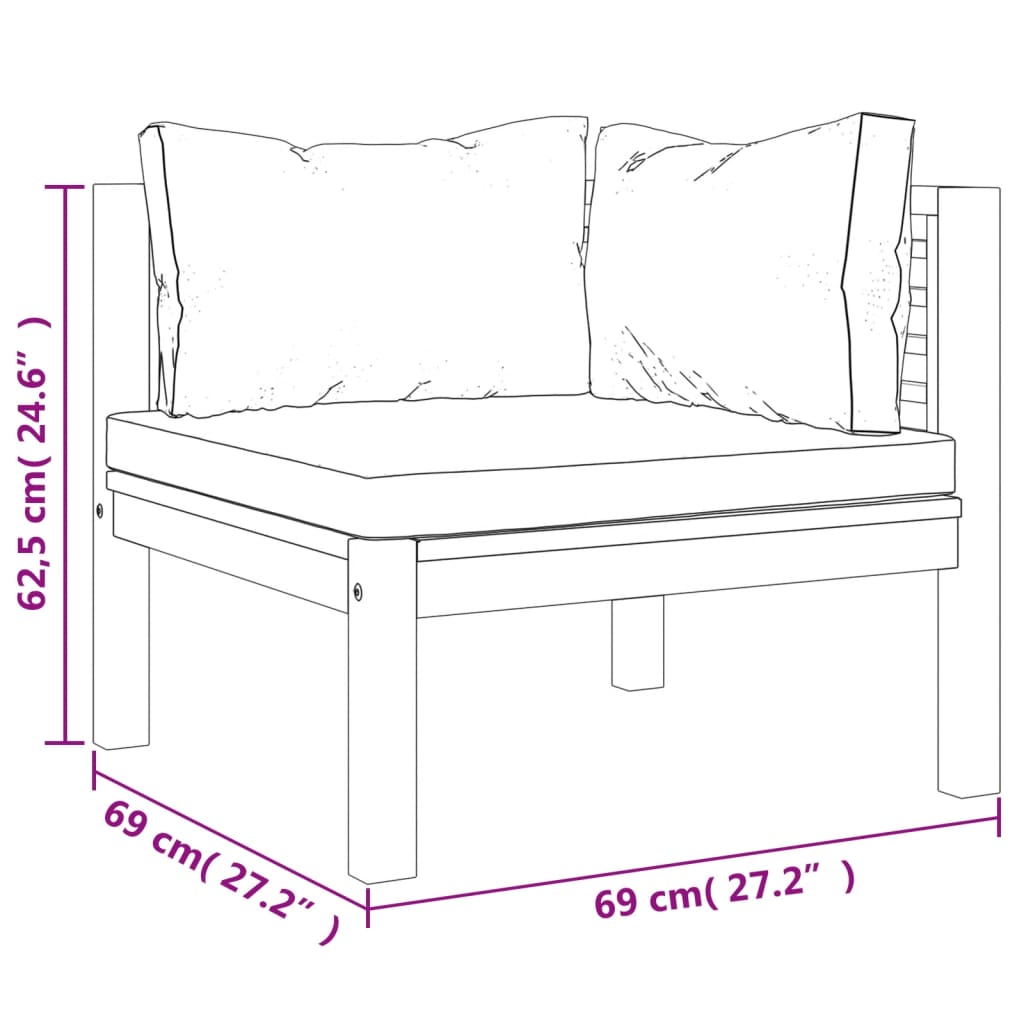 vidaXL Модулен ъглов диван с кремавобели възглавници, акация масив