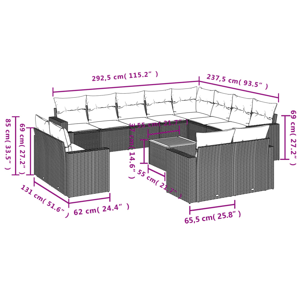vidaXL Градински комплект диван с възглавници 13 части бежов полиратан