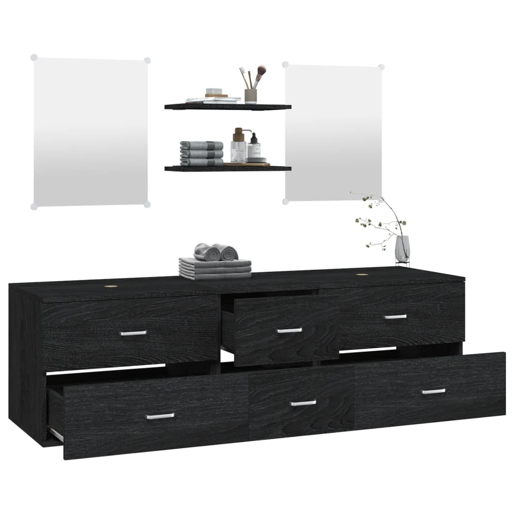 vidaXL Комплект мебели за баня от 5 части, черен, инженерно дърво