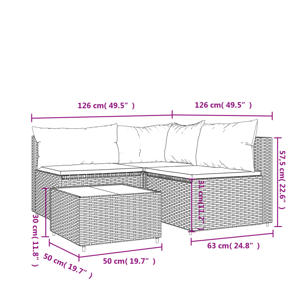 vidaXL Градински комплект с възглавници, 4 части, кафяв, полиратан