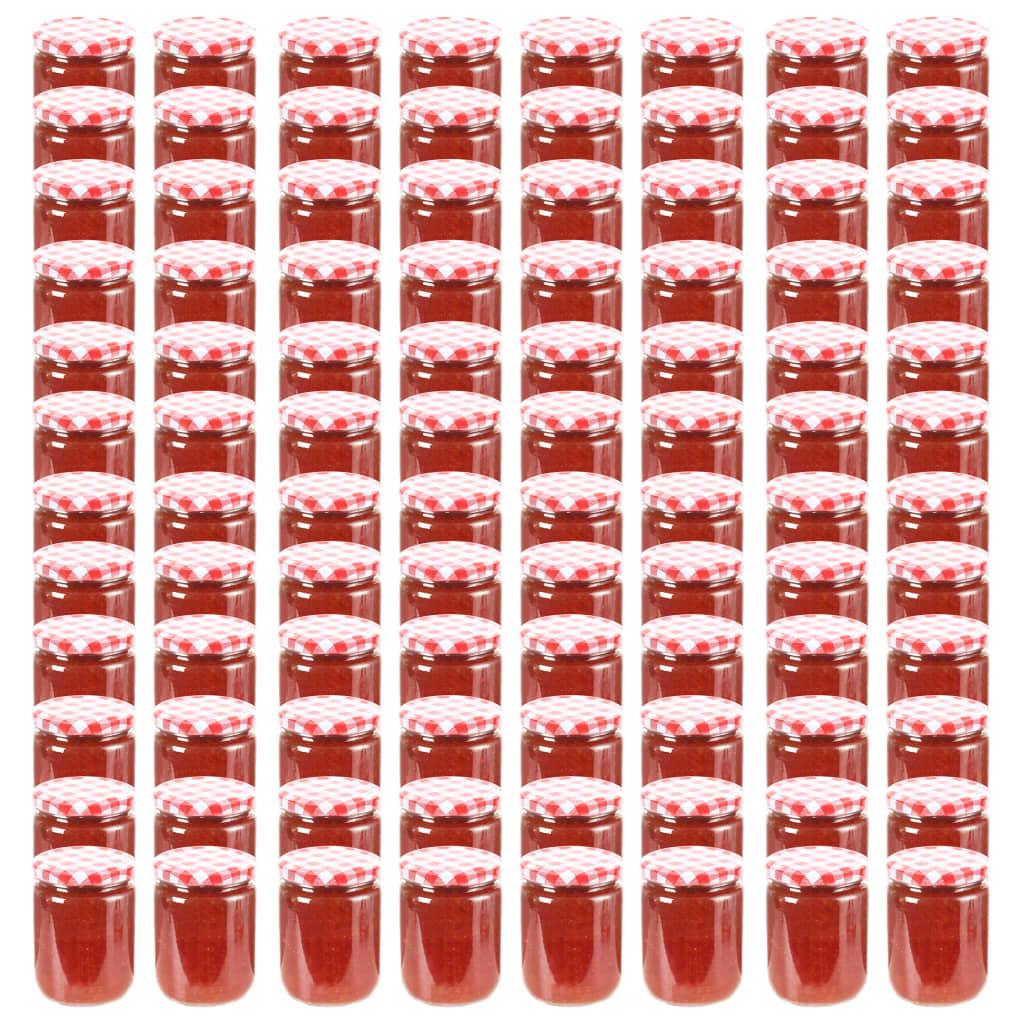 vidaXL Стъклени буркани за сладко с бяло-червени капачки 96 бр 230 мл