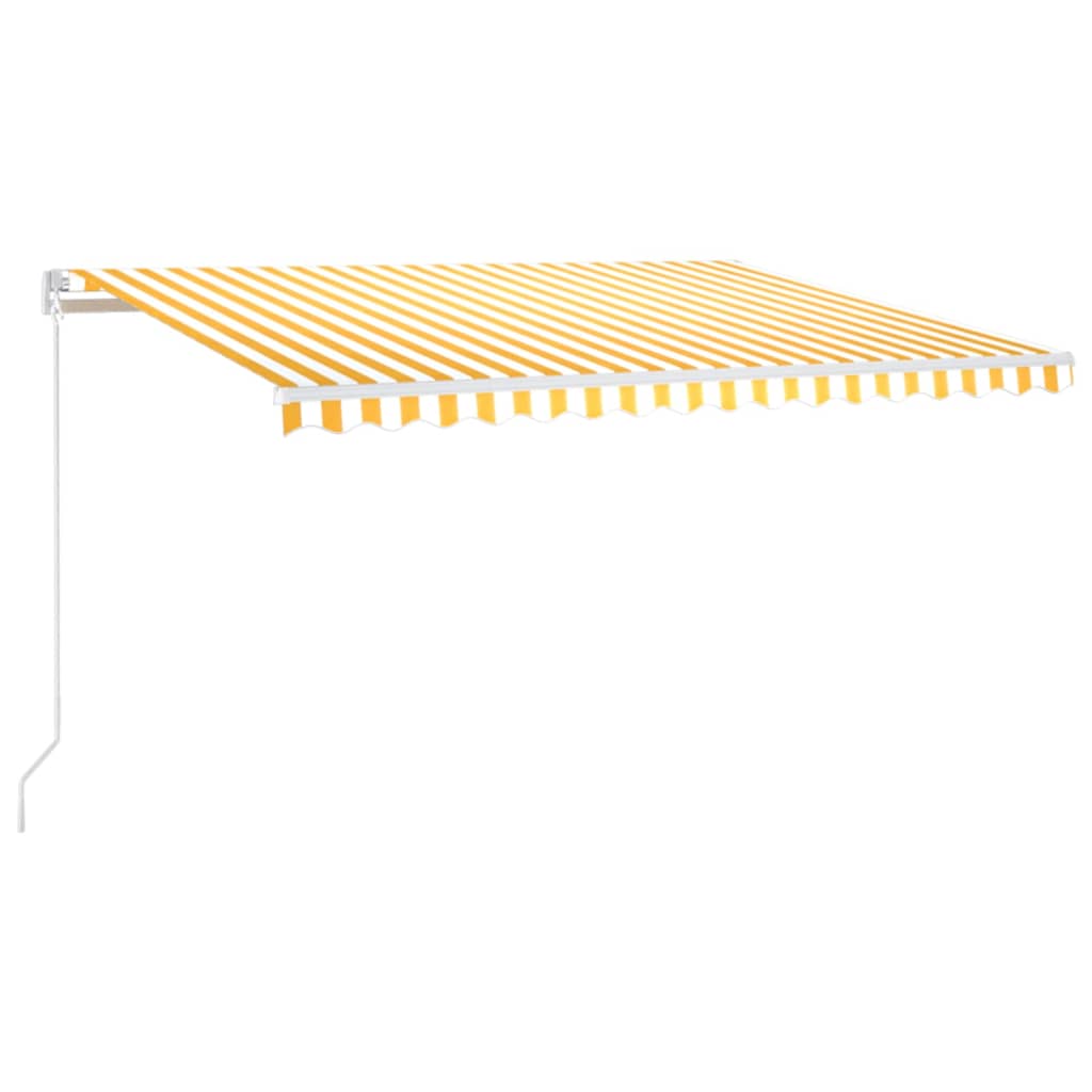 vidaXL Ръчно прибиращ се сенник с LED, 450x350 см, жълто и бяло