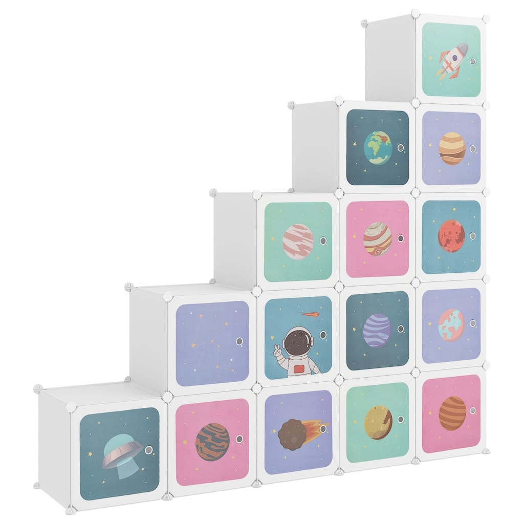 vidaXL Детски кубичен шкаф за съхранение с 15 куба, бял, PP