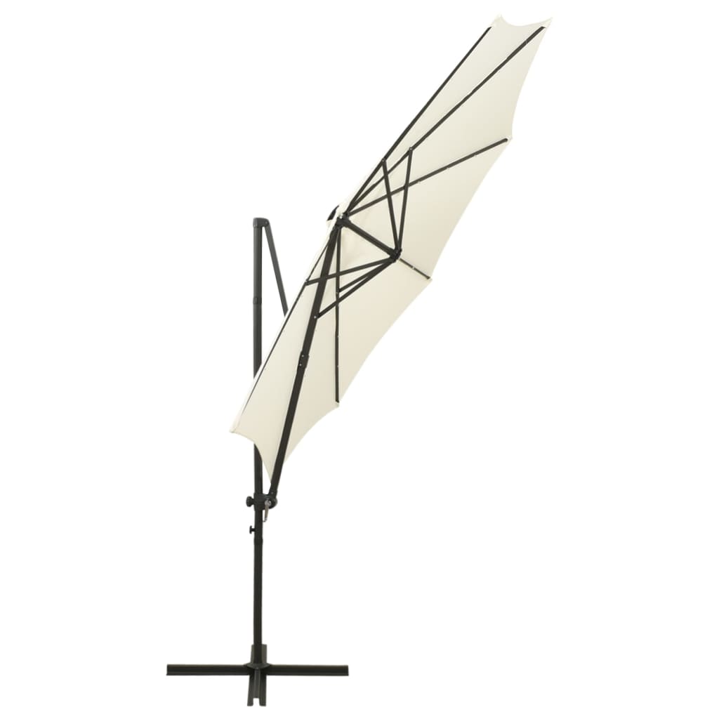 vidaXL Чадър с чупещо рамо, прът и LED лампи, пясъчен, 300 см