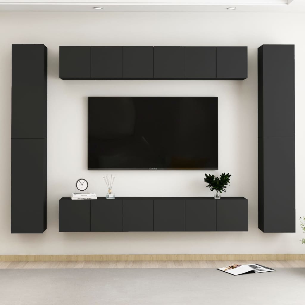 vidaXL Комплект ТВ шкафове от 10 части, черен, ПДЧ