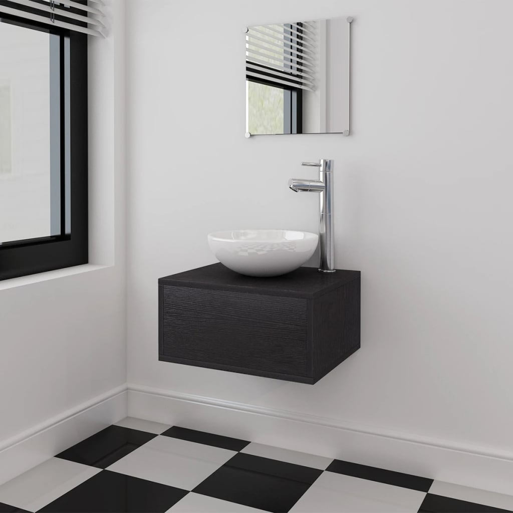 vidaXL комплект секция от три части и мивка за баня, черен цвет