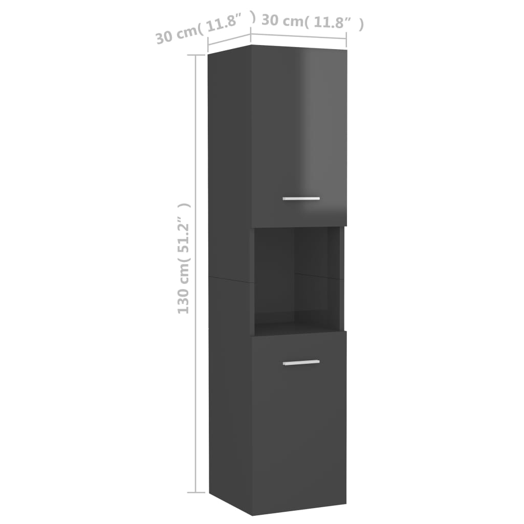 vidaXL Шкаф за баня, сив гланц, 30x30x130 см, ПДЧ