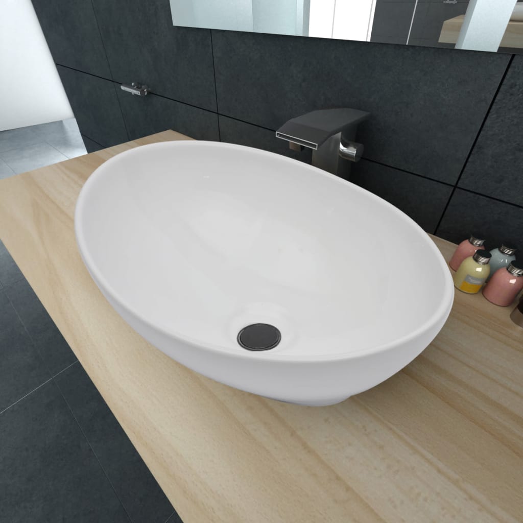 vidaXL Луксозна керамична мивка с овална форма, бяла, 40x33 см