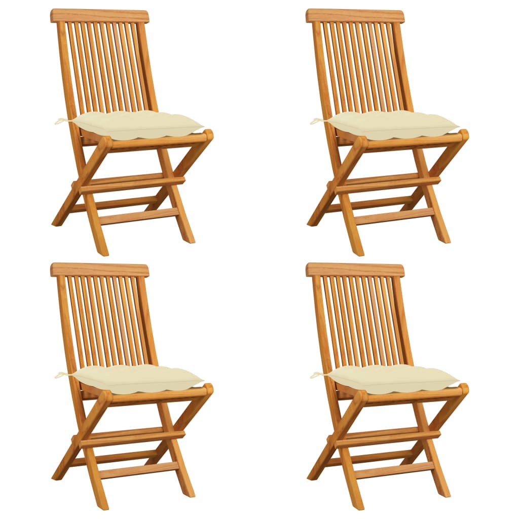 vidaXL Градински столове с кремавобели възглавници 4 бр тик масив