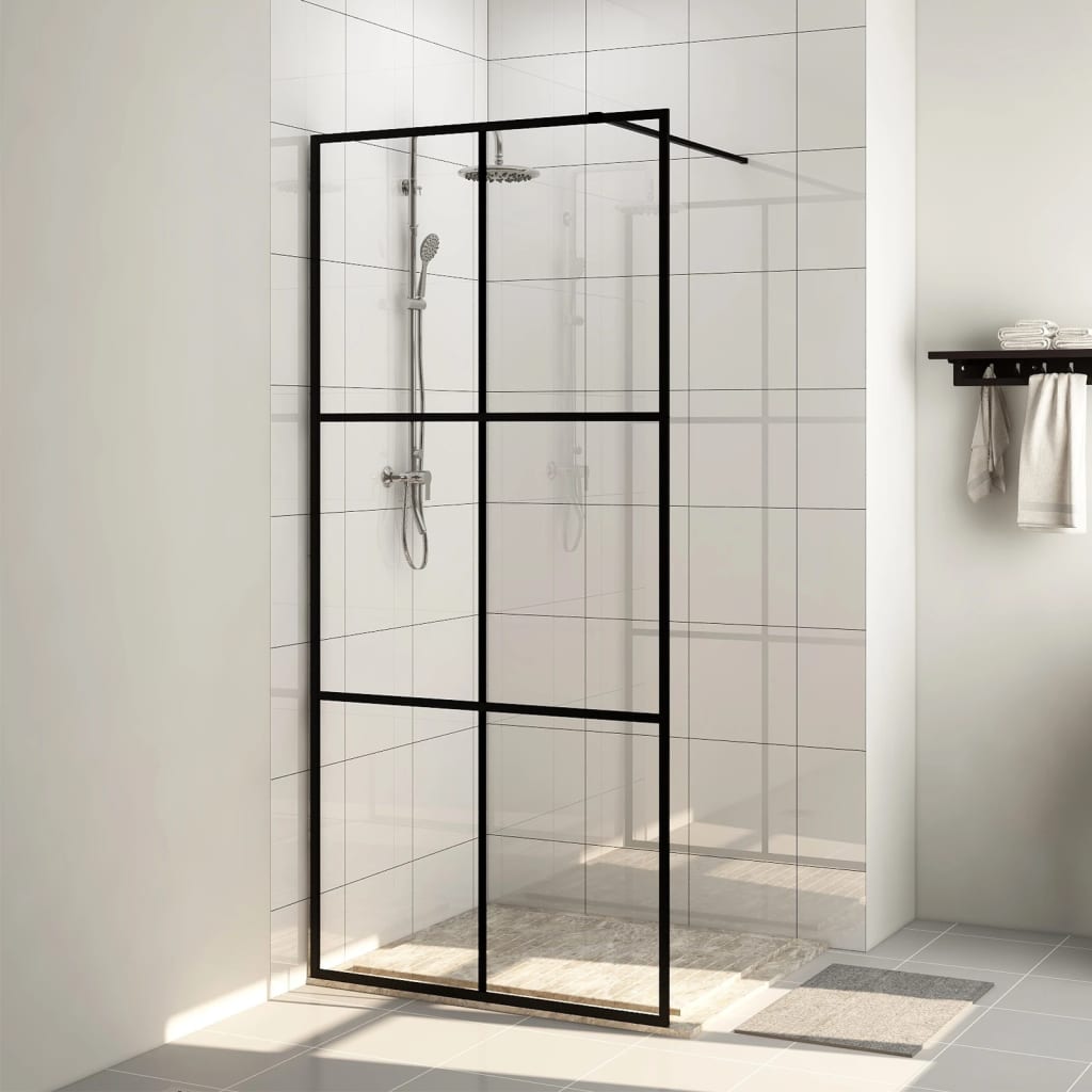 vidaXL Стена за душ с прозрачно ESG стъкло, 115x195 см, черна