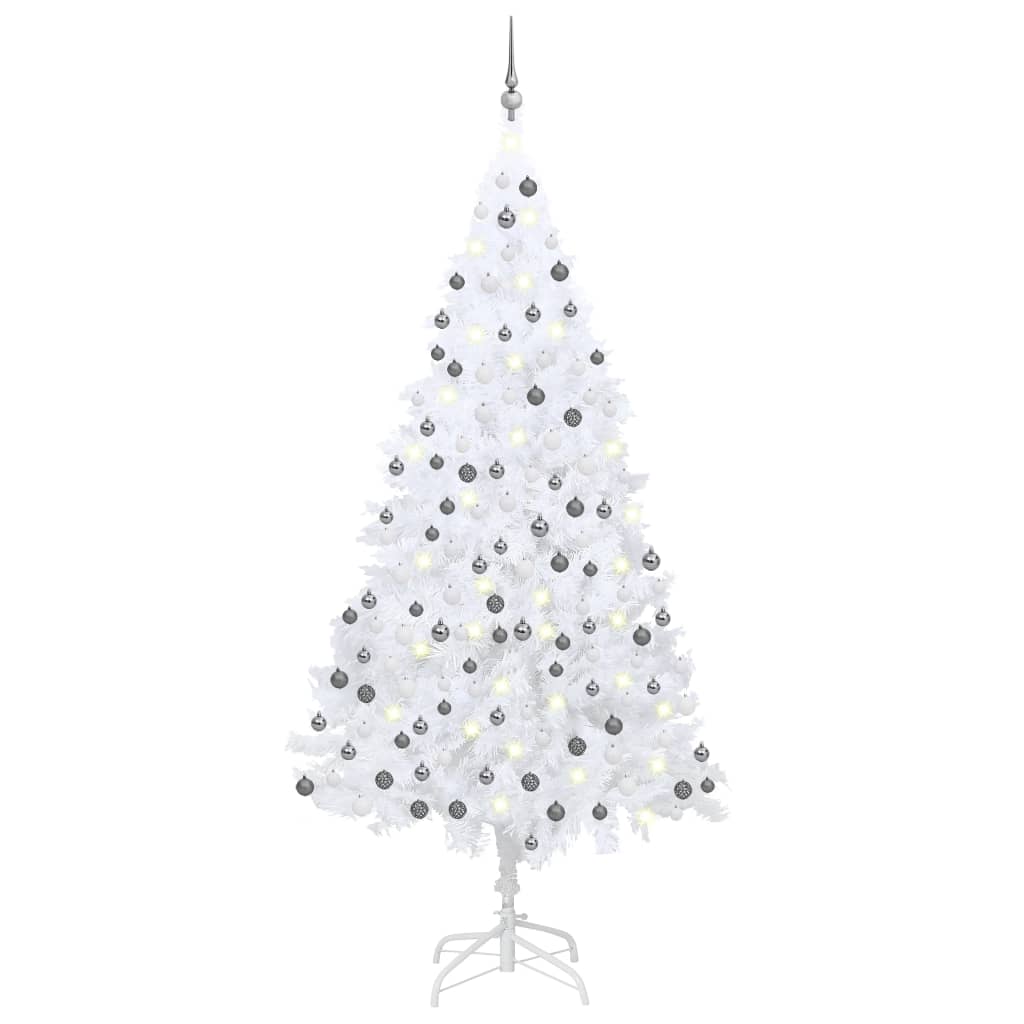 vidaXL Изкуствена осветена коледна елха с топки бяла 240 см