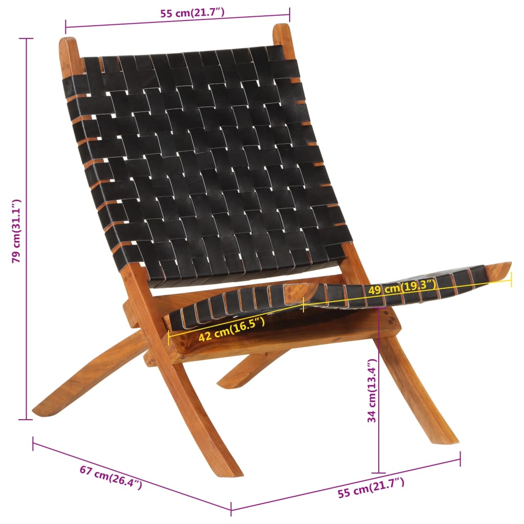 vidaXL Сгъваем релаксиращ стол, черен, естествена кожа