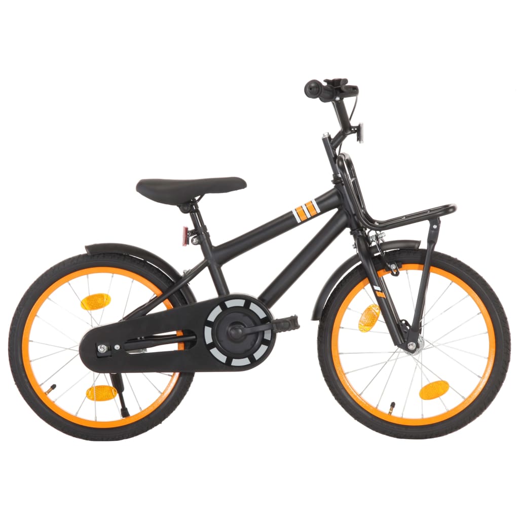 vidaXL Детски велосипед с преден багажник, 18 цола, черно и оранжево